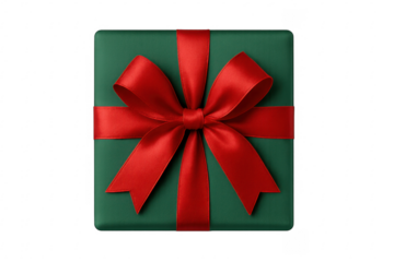 Green gift box wrapped with red ribbon on transparent background