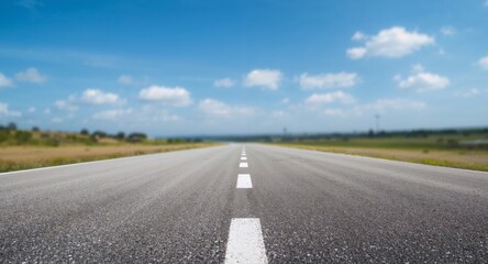 Naklejka premium Asphalt Vista. A Linear Perspective of Roadway and Sky, Framed by Abstract Fields.