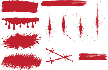 Halloween Realistic red blood isolated for Horror and Crime . Blood Drops and splashes. Brush, blood, cut marks, splashes, drops, blots, spray. Isolated on a white backgroud. EPS 10