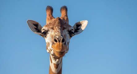 Giraffe Portrait under Azure Sky, Serene and Detailed CloseUp, Natural Light.