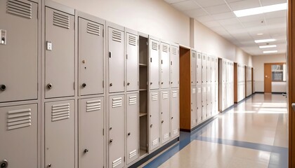 A school hallway with metal lockers. Sunlight streams into the corridor