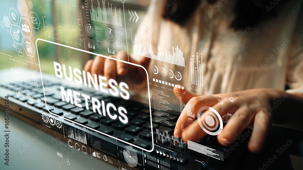 Poster professional woman analyzing business metrics using laptop with data visualization overlays. asympto