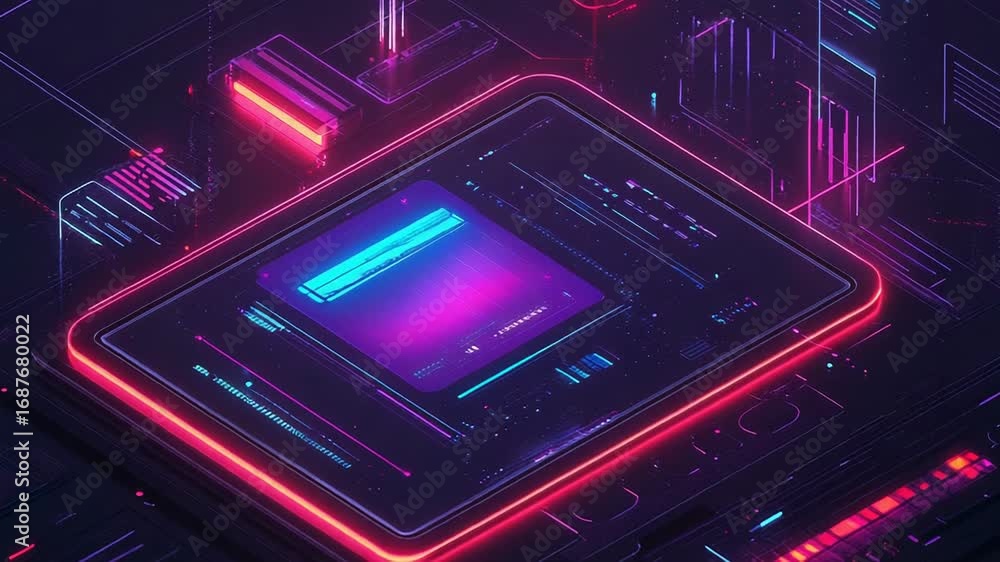 Poster futuristic tablet showing loading bar on neon circuit board