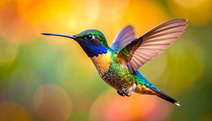 Fototapeta premium A vivid hummingbird with iridescent feathers hovers mid-air against a warm, blurred backdrop—capturing motion, elegance, and natural brilliance.