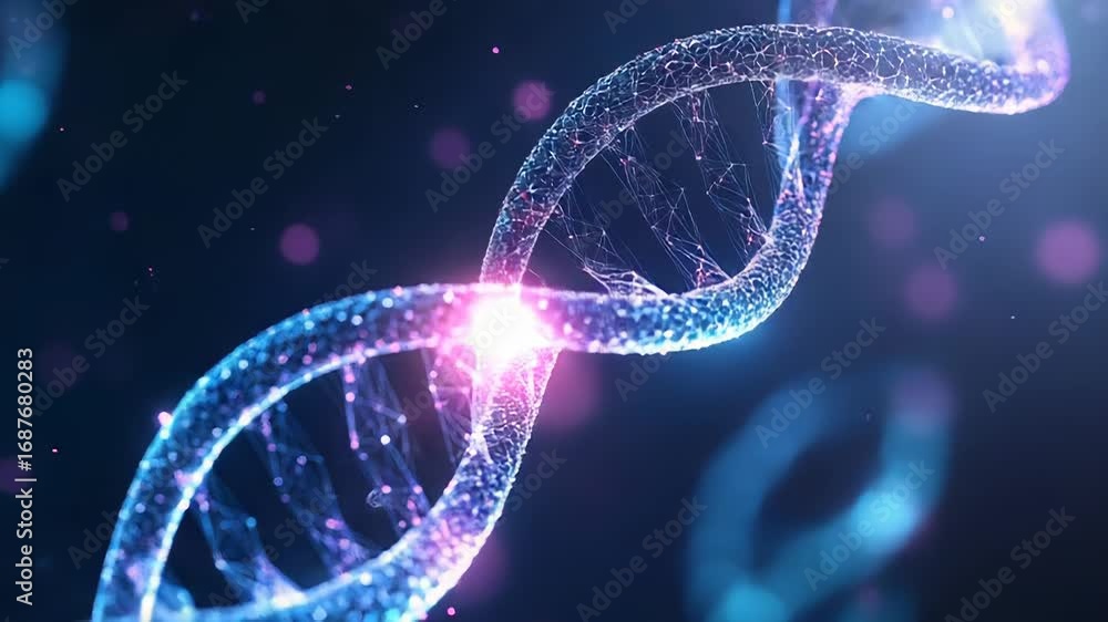Aufkleber glowing dna helix rotating on dark blue background with bokeh effect