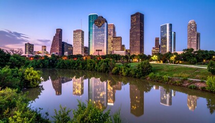 Obraz premium Houston skyline at twilight reflected in a calm river, framed by wildflowers and greenery—blending urban architecture with serene natural beauty.