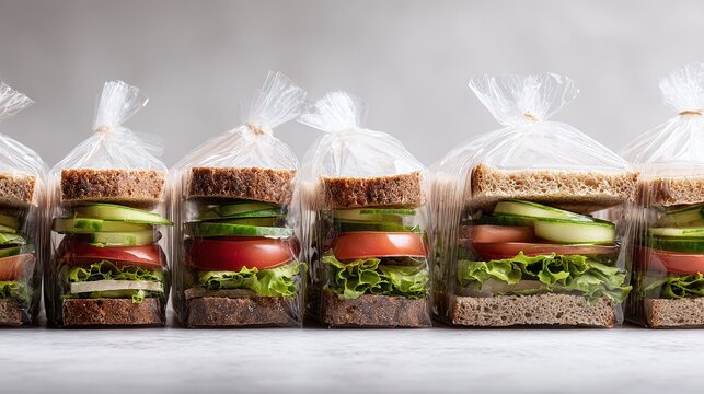 Row of sandwiches in plastic bags. Healthy veggie sandwich options with bread, lettuce, tomato, cucumber, and other fresh ingredients for a nutritious meal.