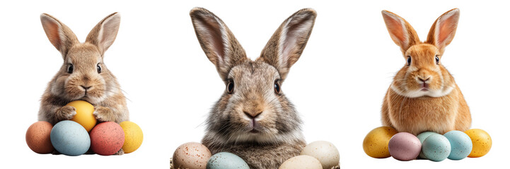 Fototapeta premium Set of A cute fluffy bunny sitting next to colorful Easter eggs on transparent png background. Ai generated