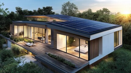 Fototapeta premium Contemporary home featuring rooftop solar panels and advanced energy management system