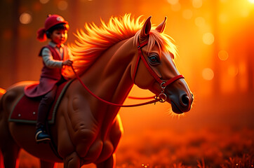 Obraz premium Girl Riding Horse at Sunset