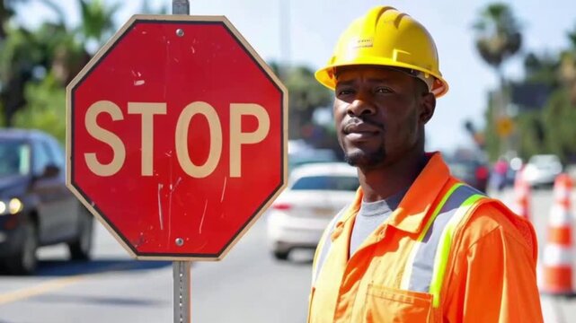A construction worker wearing a reflective vest and helmet firmly holds a stop/slow sign to direct traffic during a temporary lane closure on a busy road; cinematic shot and dramatic lighting