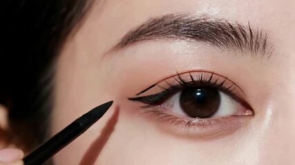 Close-up cinematic shot of a beautiful woman elegantly applying eyeliner on her eyes, showcasing precision, glamour, and sophistication with dramatic lighting for a stunning beauty portrait