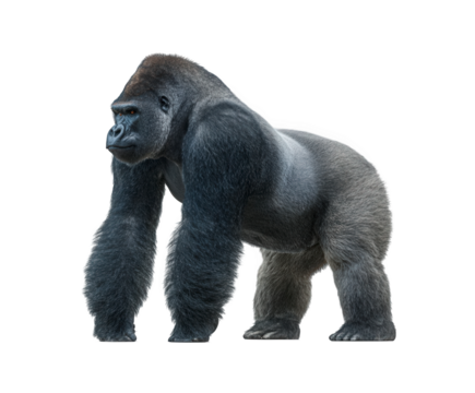 A powerful silverback gorilla stands on all fours, isolated on a transparent background, showcasing its immense strength and imposing presence in a studio shot