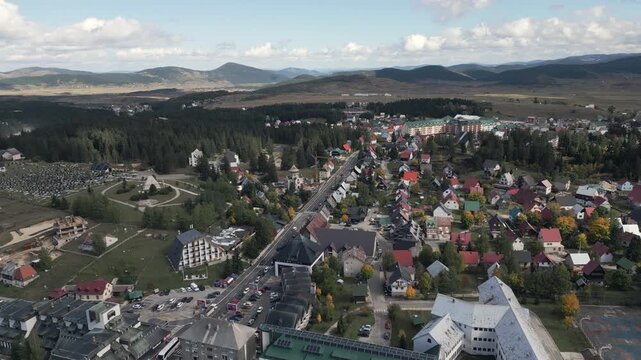 Panorama of Zabljak, the highest town in Crna Gora. Aerial capture.