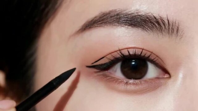 Close-up cinematic shot of a beautiful woman elegantly applying eyeliner on her eyes, showcasing precision, glamour, and sophistication with dramatic lighting for a stunning beauty portrait - Powered by Adobe