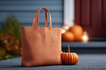 Stylish orange tote bag beside small pumpkin on porch, autumn vi