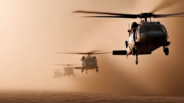Helicopter formation flight in fog showcasing aerial power