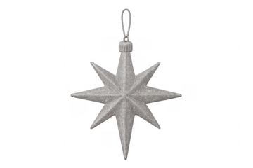 Silver glitter eight-pointed star christmas ornament hanging on transparent background