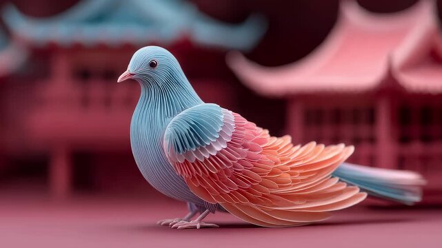 Paper Art Dove Perched in Front of Eastern Architecture