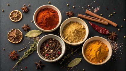 Assorted Bowls of Aromatic Spices and Herbs on Dark Background for Culinary or Food Projects.