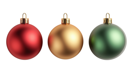 Set of three matte finish Christmas ball ornaments in red, gold and green, isolated on transparent background