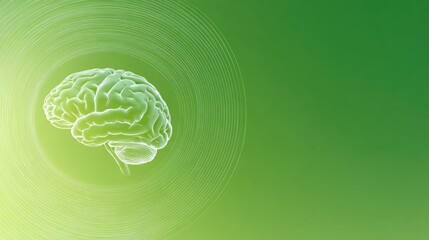 Floating brain illustration radiating waves on vibrant green bac