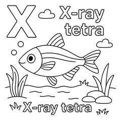 Coloring page featuring the letter x with an x-ray tetra fish in a simple aquatic scene drawing