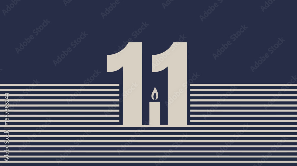 Poster eleven with candle graphic design on blue background with horizontal lines in a minimalist style art