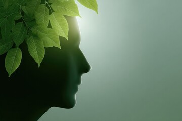 Silhouette of head adorned with lush green leaves symbolizing na