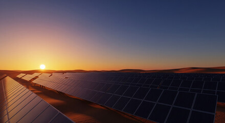 Solar panels in desert under golden sunset sky with wide copy space