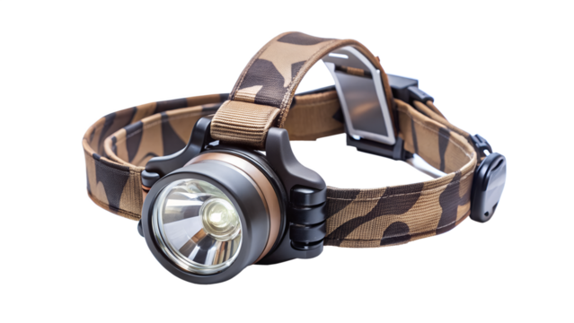 Camouflage headlamp isolated on transparent background versatile lighting solution for outdoor adventures, providing handsfree illumination in any environment