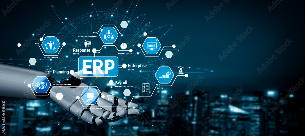 Poster a robotic hand showcases an array of icons related to erp systems, highlighting features like planni