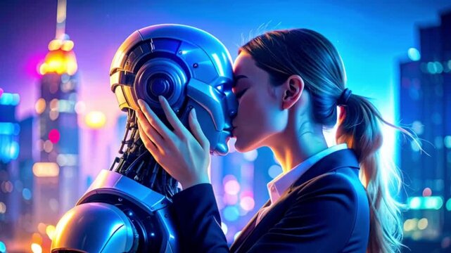 Futuristic romantic scene of a tender kiss between a female human and a male robot, cinematic shot with dramatic lighting capturing love, connection, and emotion in a sci-fi setting