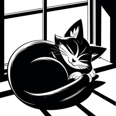 Sleeping Black Cat in a Window illustration