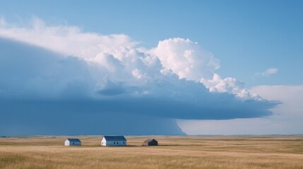 Vast prairie under dramatic skies, showcasing distant storm clou