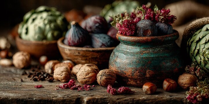 Figs, artichokes, walnuts, and hazelnuts creating a rustic autumn still life