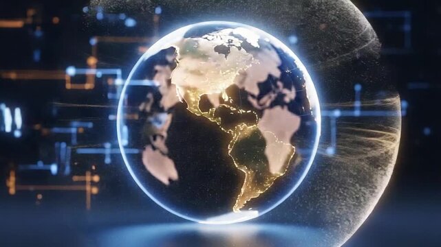 Holographic Earth Globe with Digital Network Lights and Futuristic Data Visualization.
