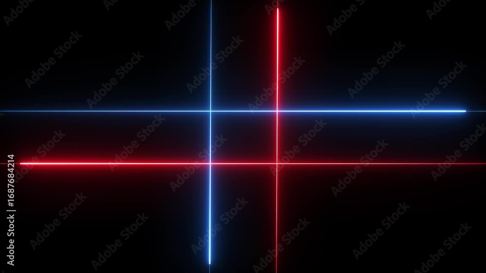 Poster blue and red neon lights lines digital animation intersecting each other creating a square. glowing 