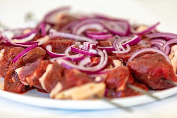 Typical Brazilian barbecue skewer made with filet mignon, a traditional happy hour snack. Espetinho, churrasquinho