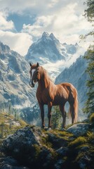 Majestic horse standing on rocks with mountains and clouds in the background during daytime in a serene natural landscape