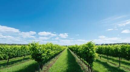 Lush vineyard stretches under bright blue sky, showcasing vibran