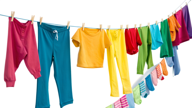 Vibrant childrens clothes hanging on a clothesline isolated on transparent background freshly washed garments drying in the sun on a bright day