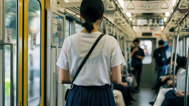 白いTシャツの女性が電車に乗っている後ろ姿