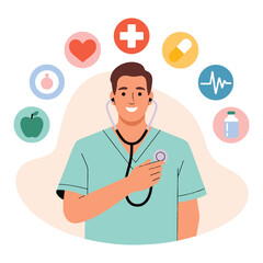 Female Doctor Vector Illustration Medical Professional with Healthcare Icons Stethoscope and Wellness Symbols