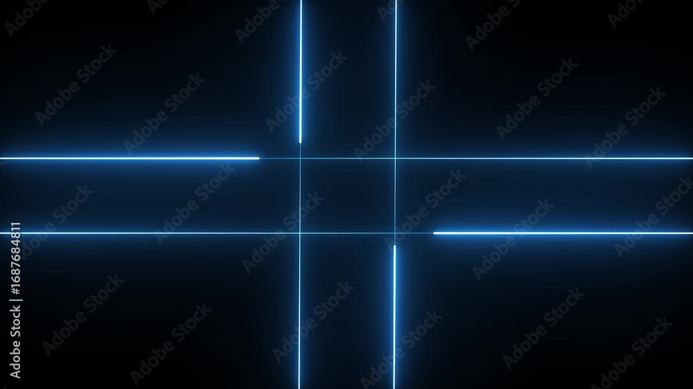 Poster blue neon lights lines digital animation intersecting each other creating a square. glowing neon lin