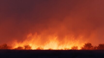 Flames engulf landscape under darkening sky, creating intense co