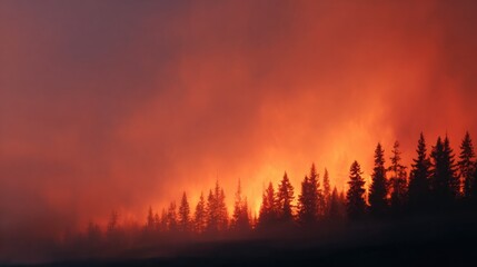 Dramatic wildfire scene with vibrant orange and red hues illumin