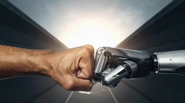A powerful cinematic close up of a human fist and a robotic fist meeting in a dramatic fist bump, symbolizing unity, trust, strength, innovation, and collaboration between man and machine