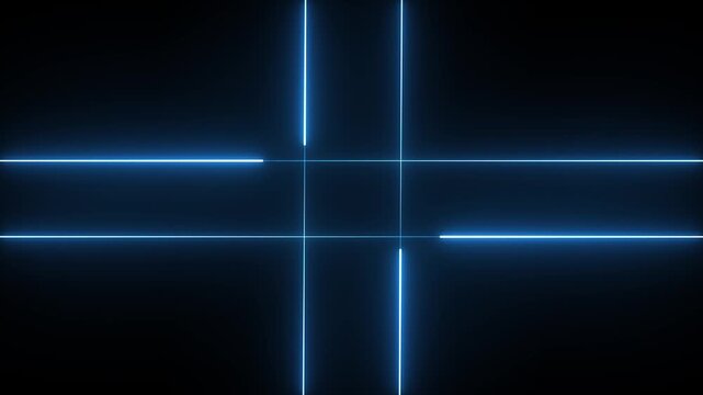 Blue neon lights lines digital animation intersecting each other creating a square. Glowing neon line light on black background