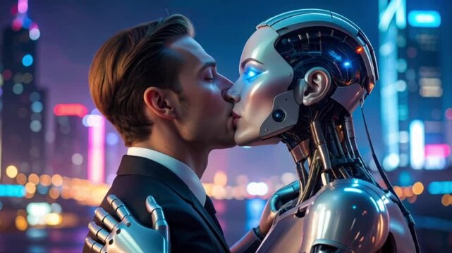 Romantic futuristic scene of a male human and female robot sharing a tender kiss in a neon-lit cityscape at night, cinematic shot with dramatic lighting highlighting love and intimacy